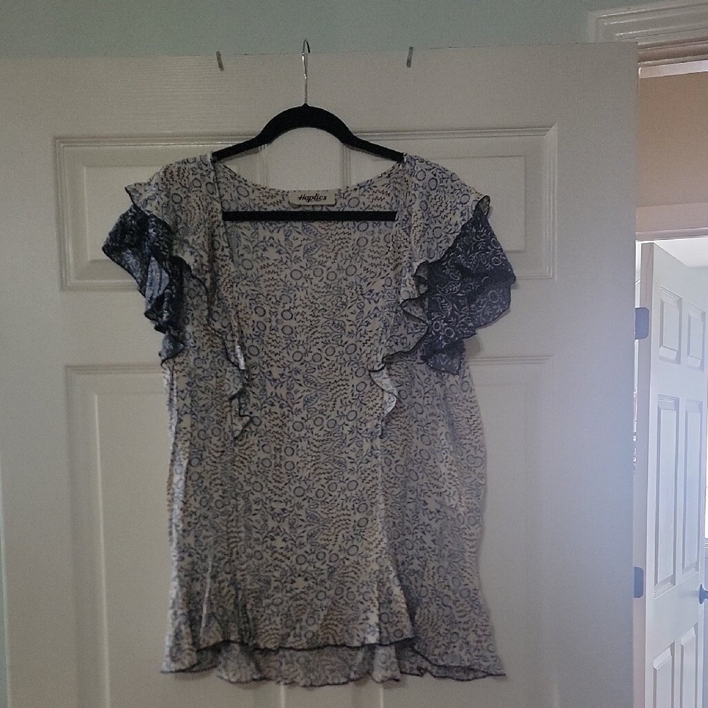 Vagabond Floral Ruffle Sleeve Blouse in Blue and Cream